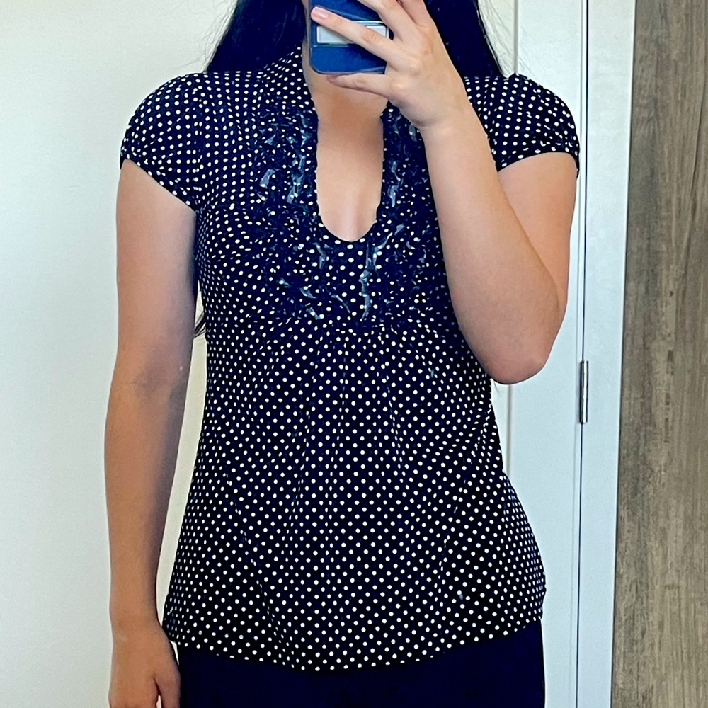 Black And White Spotted Blouse With Ruffles Size S